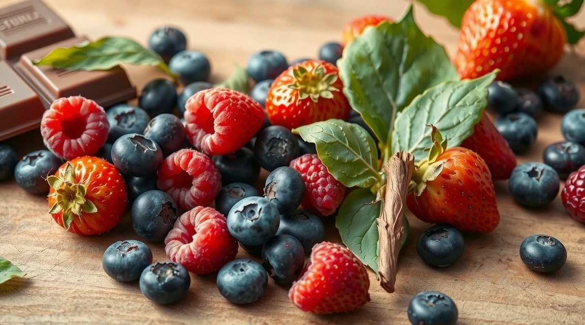 Colorful array of berries, dark chocolate, and green tea leaves