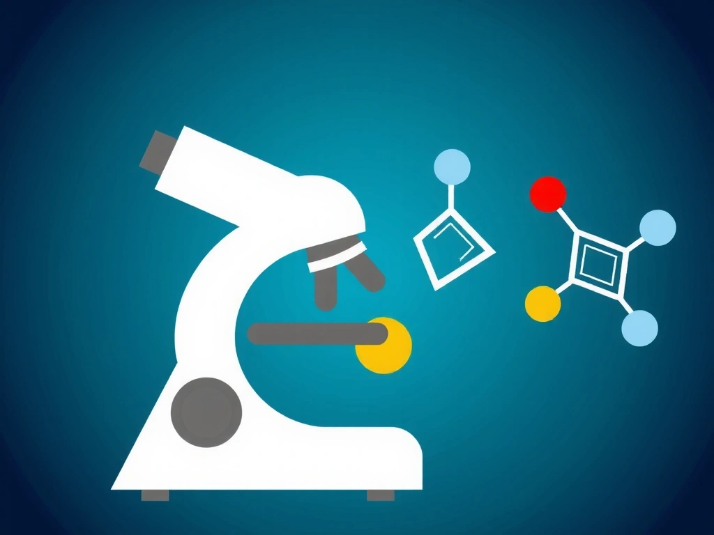 Microscopio y elementos químicos estilizados, representando investigación científica
