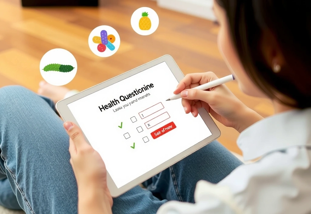 Persona completando un cuestionario de salud en una tableta, con íconos de nutrientes