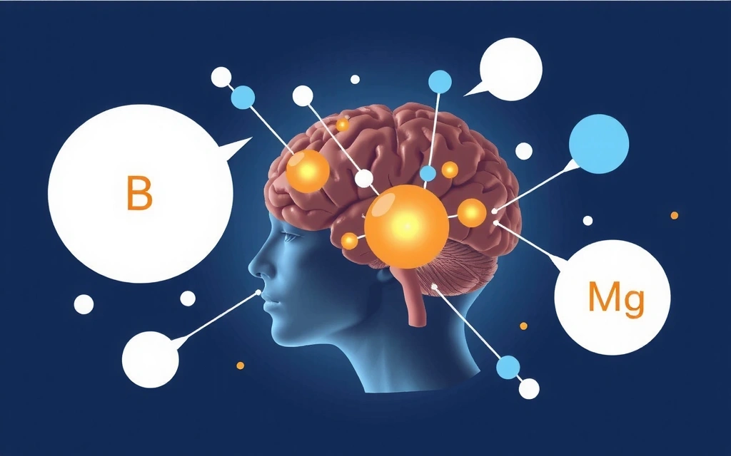 Ilustración abstracta de un cerebro humano rodeado de moléculas de vitaminas B y magnesio, simbolizando su impacto en la salud mental.