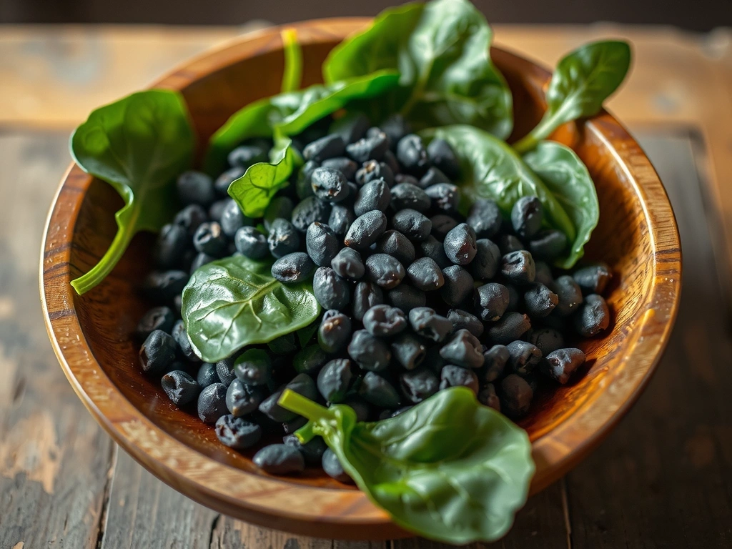 Granos de hierro y espinacas frescas en un tazón de madera.