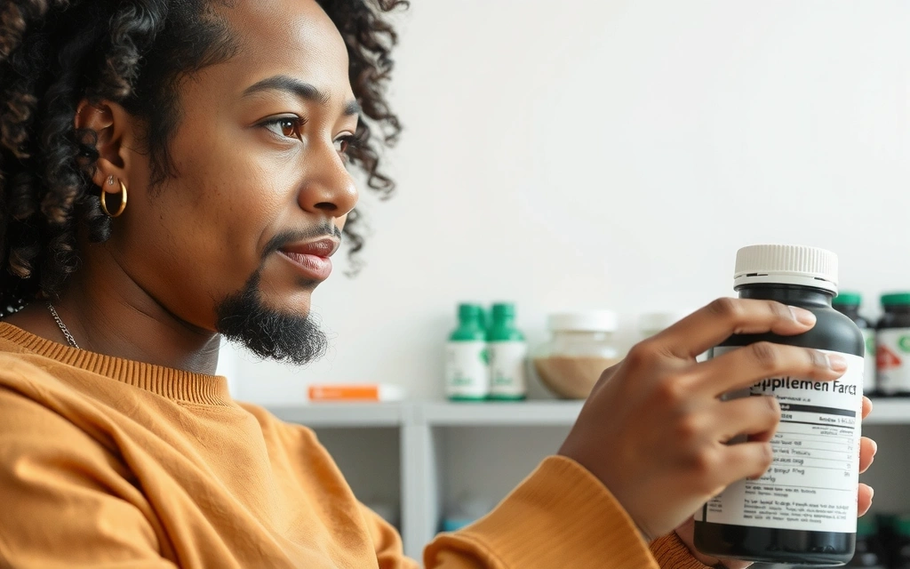 Persona leyendo una etiqueta en una botella de suplemento, pensativa e informada, sin texto, sin letras, sin inscripciones.