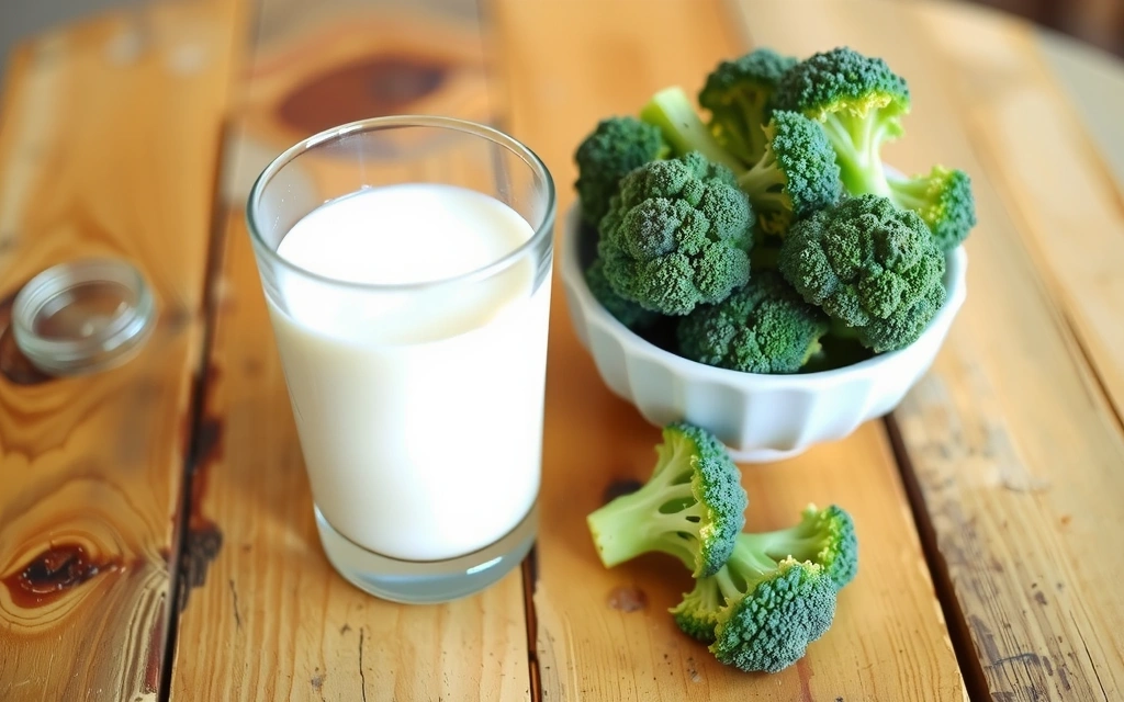 Vaso de leche y brócoli, fuentes de calcio
