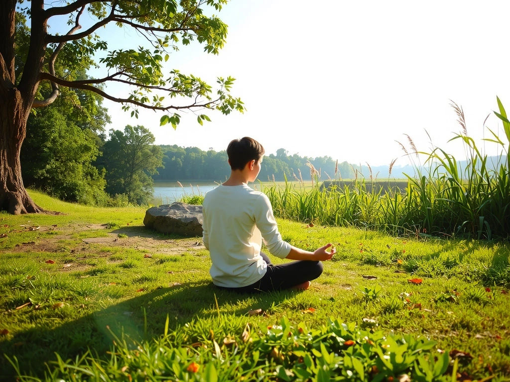 Persona meditando en un entorno natural tranquilo.