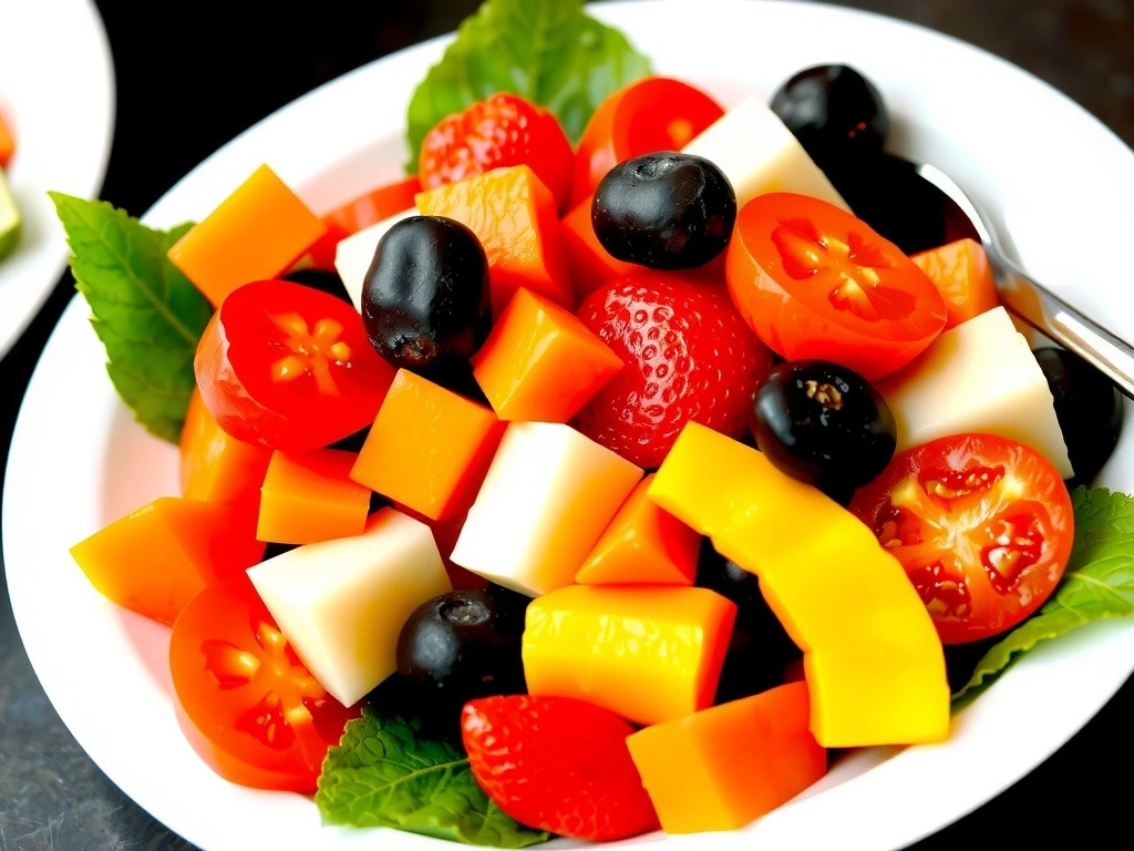 Plato colorido de ensalada fresca con frutas y verduras.