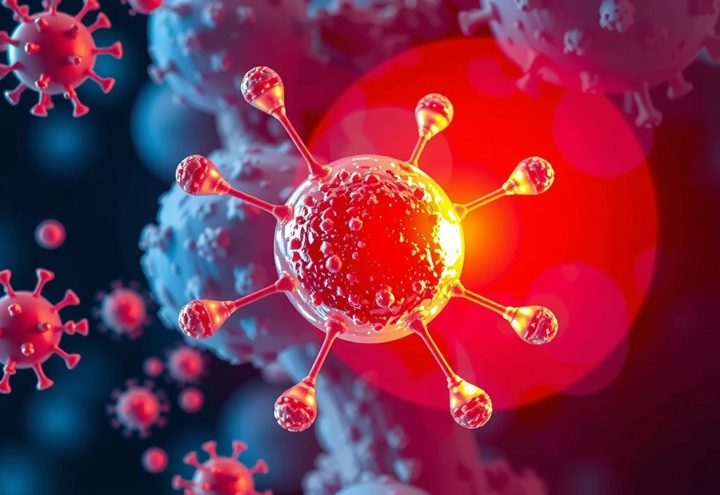 Iron atom with oxygen molecules and immune cells